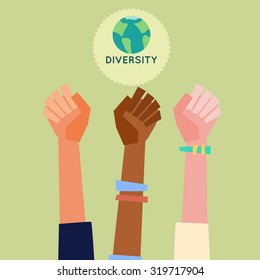 Illustration of a people's hands with different skin color together. Race equality, diversity, tolerance illustration. Flat design style.