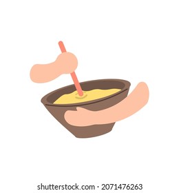 illustration of people's hands mixing bread dough in a bowl using the manual method. making cake. flat cartoon style. vector design. can be used for elements, landing pages, UI. svg
