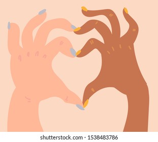 Illustration of a people's two hands with different skin color together making heart shape. Race equality, feminism, tolerance art in minimal style.