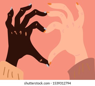 Illustration of a people's two hands with different skin color together making heart shape. Race equality, feminism, tolerance art in minimal style.