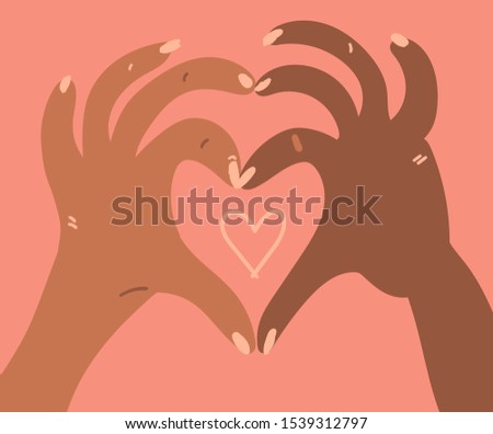Illustration of a people's two hands with different skin color together making heart shape. Race equality, feminism, tolerance art in minimal style.