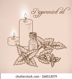 Illustration of peppermint essential oil and candles