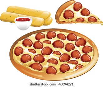 Illustration of a pepperoni pizza and breadsticks with sauce.