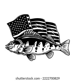 Illustration of perch fish on american flag background. Design element for poster, card, banner, emblem, sign. Vector illustration