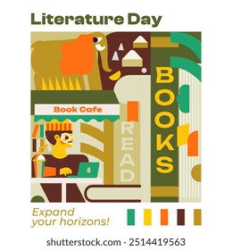 Illustration perfect for bookstores and cafes, literary events, festivals, and book clubs. You can drink coffee, work, and immerse yourself in the world of literature and books. 