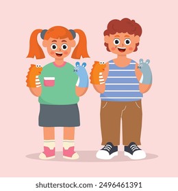 Ilustración de una actuación de un Pequeño niño jugando a los títeres, con títeres animales lindos en sus manos, ilustraciones de personajes lindos