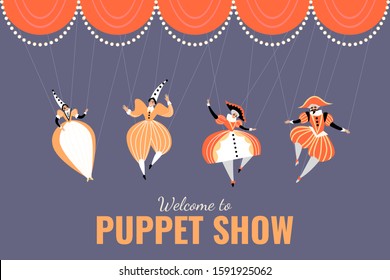 Illustration of a performance in a puppet show. Puppets in traditional Italian costumes. Vector image in cartoon style.