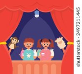 illustration of a performance of a small child playing puppets, on stage with a cute stuffed animal in his hand, illustration of a cute character