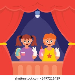 illustration of a performance of a small child playing puppets, on stage with a cute stuffed animal in his hand, illustration of a cute character