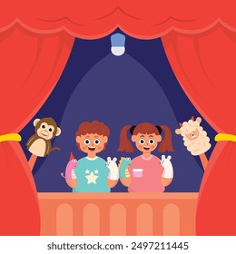 illustration of a performance of a small child playing puppets, on stage with a cute stuffed animal in his hand, illustration of a cute character