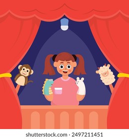 illustration of a performance of a small child playing puppets, on stage with a cute stuffed animal in his hand, illustration of a cute character