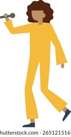 Ilustração de um artista em uma roupa amarela vibrante segurando um microfone, capturando a essência de uma performance de palco animado. A figura exala energia e paixão pela música