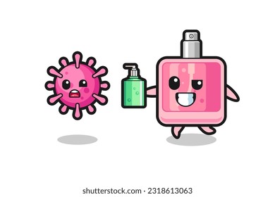 illustration of perfume character chasing evil virus with hand sanitizer , cute style design for t shirt, sticker, logo element