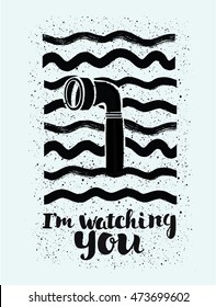 Illustration of periscope in the waves and lettering I'm Watching You on white isolated background