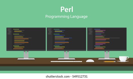 Illustration of Perl programming language code displayed on three monitor in a row at programmer workspace