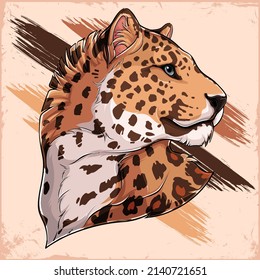 Illustration of Persian leopard head with blue eyes looking to his side isolated on vintage background 