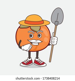 An illustration of Persimmon Fruit cartoon mascot character with hat and farmer tools