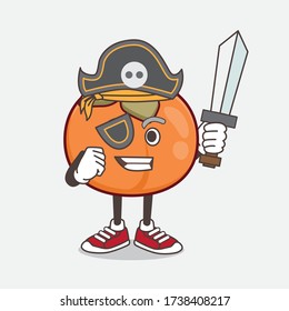 An illustration of Persimmon Fruit cartoon mascot character in pirate style and wearing hat and sword