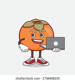 An illustration of Persimmon Fruit cartoon mascot character working with laptop
