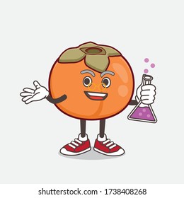 An illustration of Persimmon Fruit cartoon mascot professor character with glass tube