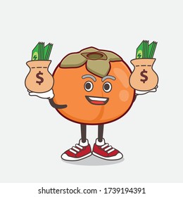 An illustration of Persimmon Fruit cartoon mascot character with money on hands