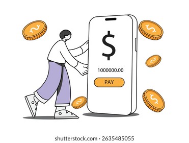Ilustração de persion fazendo pagamento on-line em moeda dólar usando telefone celular isolar em fundo branco.