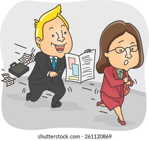 Illustration of a Persistent Insurance Agent Chasing After a Woman 