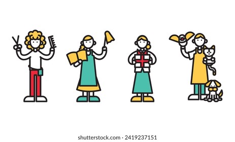 Es ist eine Illustration einer Person (A), die in verschiedenen Geschäften mit einfachen Linien Zeichnungen arbeitet.