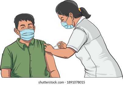 Illustration Person about to receive a covis-19 vaccine in her upper arm - vector