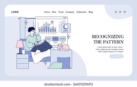 Ilustración de una persona analizando gráficos de datos en una pantalla de computadora mientras está sentado cómodamente en una cama con un gato cerca. Muestra enfoque e interés en la visualización de datos.