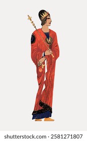 Illustration of a person in ancient attire, wearing a red robe and holding a staff. The figure has a regal, historical appearance, dressed in traditional clothing. Vintage woman illustration vector.