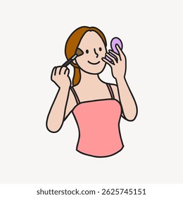 Illustration of a person applying makeup with a brush and mirror. Wearing a pink top, the character is smiling, focused on makeup application. Person, character illustration vector.