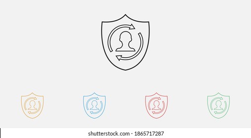 Illustration of person with arrows and shield icon on grey background. User Profile sign with update or refresh icon. Insurance shield with user icon . Shield protection vector icon