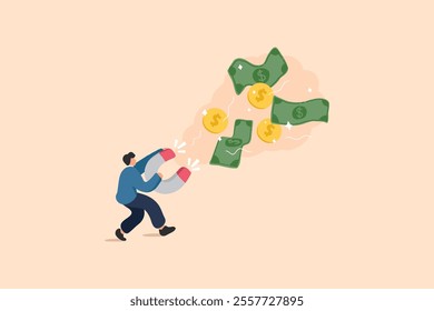 An illustration of a person attracting money with a large magnet, symbolizing wealth, business success, and financial strategy in a dynamic, hand drawn style.