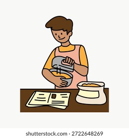 Ilustração de uma pessoa cozinhando, usando um misturador. Cena de cozedura com um livro de receitas e ingredientes. Desenho simples e colorido de uma atividade de panificação.