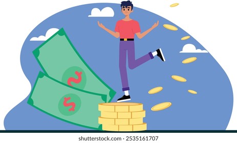 Illustration of a person balancing on coin stacks, surrounded by large bills and floating gold coins, conveying wealth and financial success in vibrant colors.