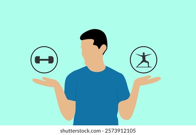 illustration of a person balancing two choices represented by icons: a dumbbell on the left for weightlifting and a yoga pose, healthy living, decision making choice, what is best for question