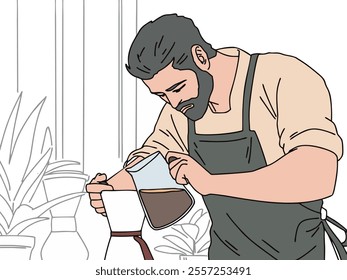 ILLUSTRATION OF A PERSON OR BARISTA MAKING COFFEE.  COOL AND UNIQUE DESIGN. VECTOR FILES