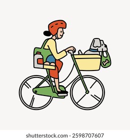 Illustration of a person biking with a dog in a basket. The cyclist wears a helmet. The dog in the basket is small and has a bone toy. Simple, colorful style. Doodle illustration vector.