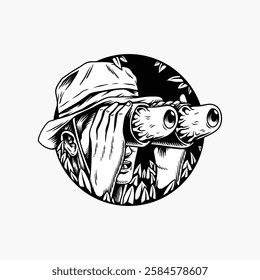 Illustration of a person with binoculars, wearing a hat, surrounded by foliage. Black and white sketch style. Binoculars and hat in focus, nature theme. Vintage art illustration, vector.