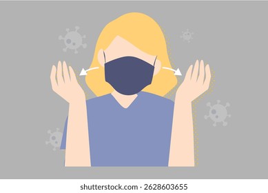 Ilustração de uma pessoa com cabelo loiro usando uma máscara. O plano de fundo apresenta ícones de vírus. A pessoa parece estar encolhendo os ombros, transmitindo incerteza. Pessoa, vetor de ilustração de caractere.