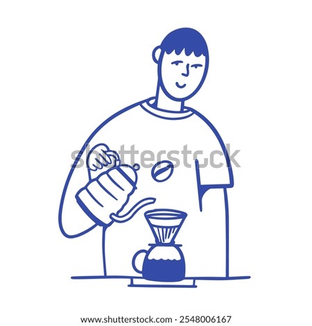 Illustration of a person brewing coffee with a pour-over method, capturing the art of coffee making.