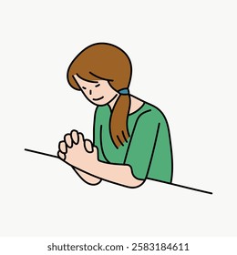 Illustration of a person with brown hair, wearing a green shirt, sitting with hands clasped. The person appears to be in a thoughtful or prayerful pose. Aesthetic woman illustration vector.