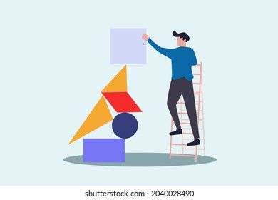 Illustration of person building with balanced shape blocks