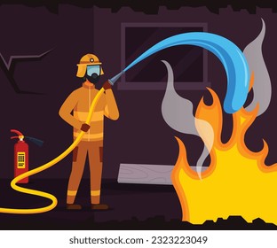 illustration of a person with a burning extinguisher illustration of a burning fire