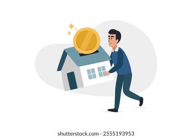 Illustration of a person calculating mortgage payments, showcasing a house, financial charts, and loan documents to represent home ownership and financial planning.