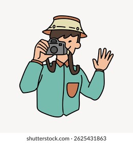 Illustration of a person with a camera, wearing a hat and green shirt, waving. The person is cartoon-style, focusing on photography and travel. Person, character illustration vector.