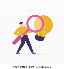illustration of a person carrying a magnifying glass to find a light bulb. idea search concepts, idea discovery, creative and innovative employees. flat design. can be used for elements, landing pages