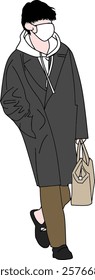 Illustration of a person in casual winter attire with a face mask, holding a tote bag.