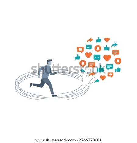 An illustration of a person caught in a loop of digital validation, running after social media icons like hearts, thumbs up, and messages.